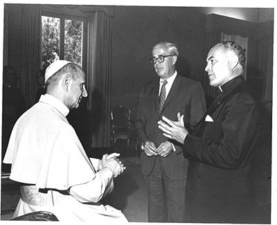 Father Hesburgh and board chair Ed Stephan meet with Pope Paul VI.
