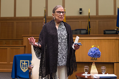 Justice Ginsburg, speaking at the Law School on Sept. 13, photo by Matt Cashore '94