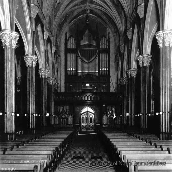 Basilica of the Sacred Heart interior, looking toward the organ and choir loft, 1928.