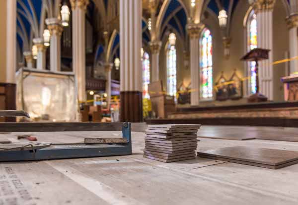 Work in progress on replacing the floor in the Basilica of the Sacred Heart.