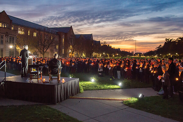 “Either we are all Notre Dame, or none of us are,” Father Jenkins said at a Nov. 14 prayer service to unite the campus community. Photo: Matt Cashore ’94