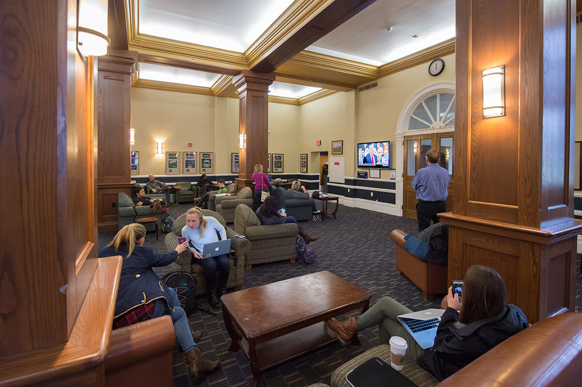 The scene in LaFortune's main lounge shortly after noon as Donald Trump was sworn into office as the 45th president of the United States, photo by Matt Cashore '94