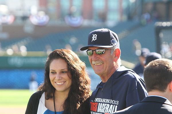 Aileen Villarreal ‘10 and Jim Leyland, who retired from managing the Tigers in 2013, photo courtesy of Aileen Villarreal