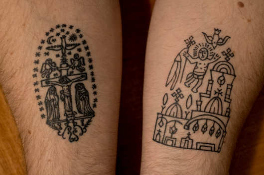 The author's Coptic tattoos depict (left) the crucifixion, with Mary and Mary Magdalene at Jesus' feet and (right) an icon of the Church of the Holy Sepulchre, photo by Ben Gray