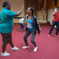Candace LeBron-Williams (left) and Kennedi Bridges perform an exercise during a directing workshop at the Shakespeare Birthplace Trust in Stratford-upon-Avon, England.
