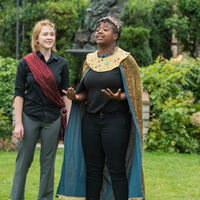 Ophelia Emmons as Posthumus and Cameron Pierce as King Cymbeline rehearse a scene from Cymbeline.