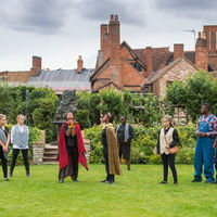 The Robinson Shakespeare Company rehearses Cymbeline in the Great Garden at Shakespeare's New Place in Stratford-upon-Avon, England.