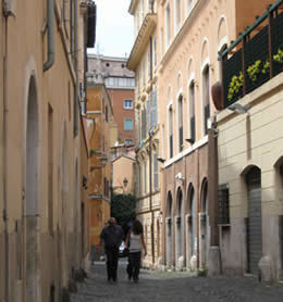 A cobblestone street in the Trastevere area of Rome