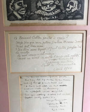 A framed letter from the artists Georges Rouault to Bernard Cullen after their meeting in France during World War II.