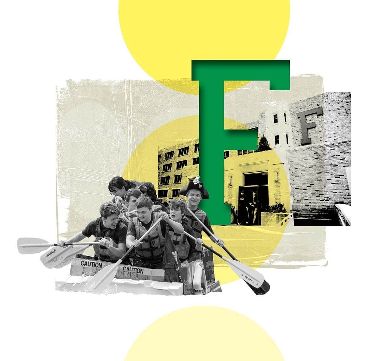 A composite artwork with students paddling a boat in the Fisher Regatta, an image of Fisher Hall, its signature green F and yellow circles to represent the setting sun.