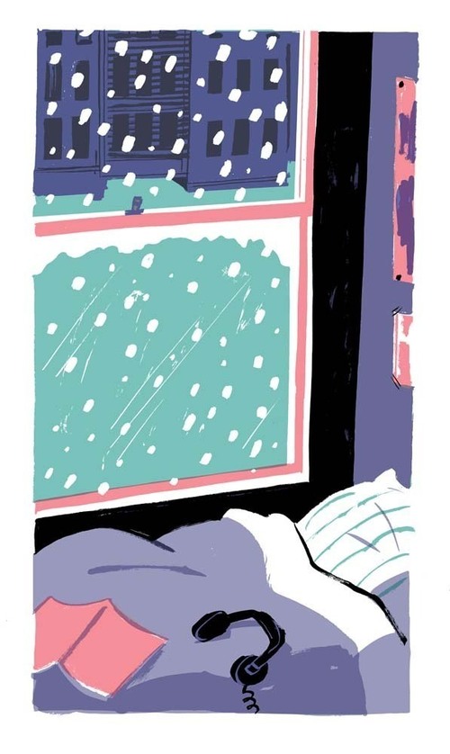 An illustration with a book and headphones on a bed against a window with snow falling outside.