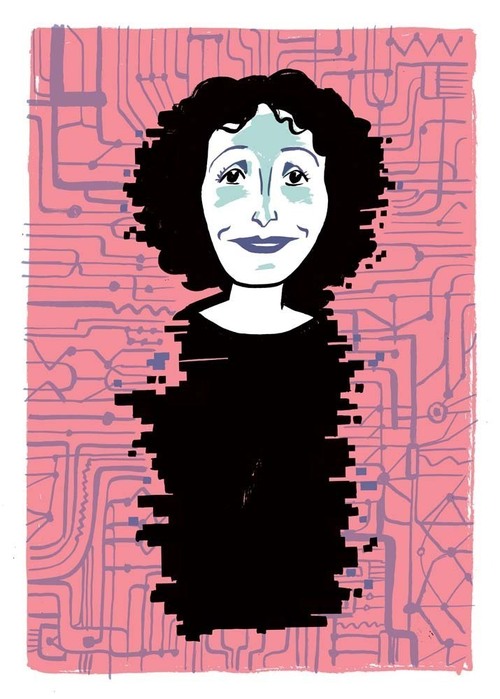 An illustration with a pixelated image of Edith Piaf against a background of wires to represent the use of artificial intelligence to recreate her voice.
