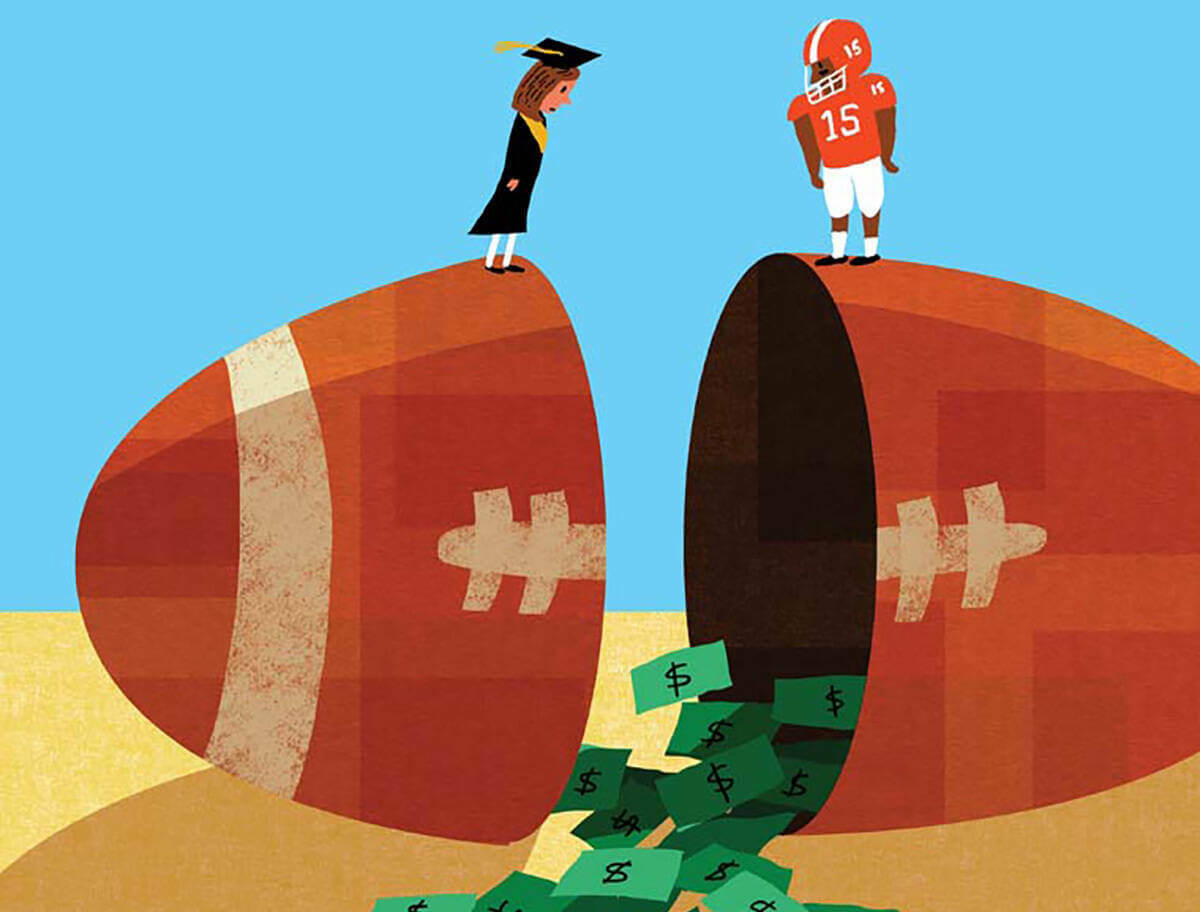 An illustration of a woman in a cap and gown and a man in a football uniform standing on a football split in two with cash spilling out.