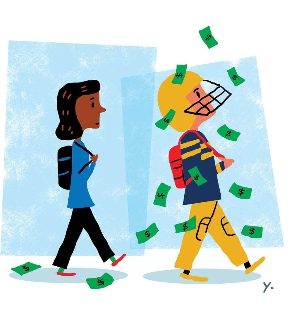 An illustration of two college students walking and wearing backpacks, but one is wearing a football helmet and cash rains down on him.