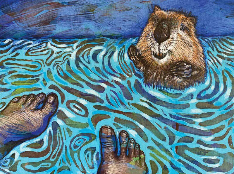 A painting by Birdie Thaler of two feet floating in water across from an otter looking at the person.
