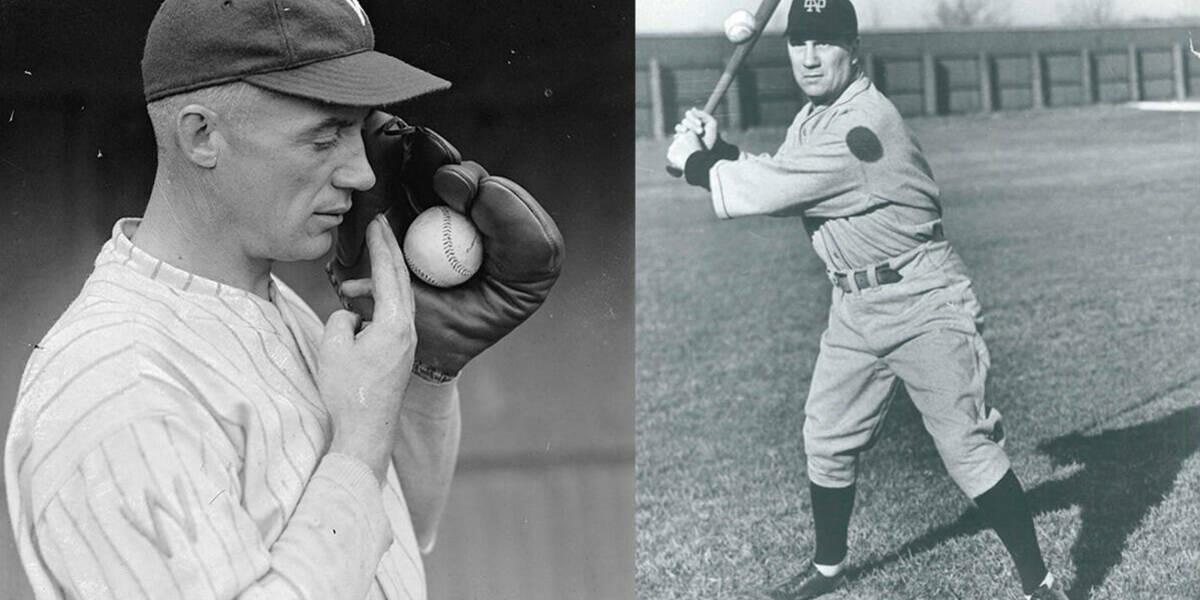Side-by-side photos, one of early 20th century baseball spitball pitcher Stanley Coveleski wearing a mitt with a ball inside held against his face and fingers on his opposite hand near his mouth; and the other of longtime Notre Dame baseball coach Jake Kline hitting a ball during practice