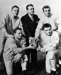 Frank Leahy with, clockwise from upper left, Bob Williams, Jim Martin, Leon Hart and Emil Sitko; photo from University of Notre Dame Archives