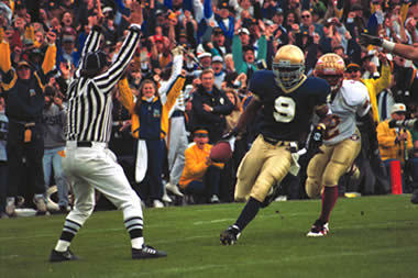 Jeff Burris scores against FSU in 1993; photo from University of Notre Dame Archives.