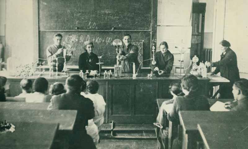 Rusudana (second from left) with colleagues and students, Tbilisi Polytechnic, ca. 1950