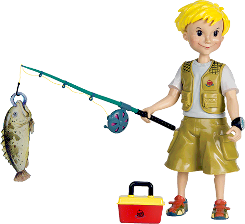 Boy with a fishing pole and fish toy.