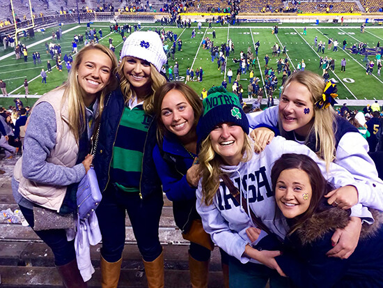 The author (second from left) and her friends returned this fall to find the Notre Dame they knew . . . mostly.