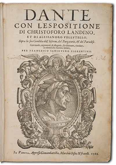 Title page to a 1564 edition of the Divine Comedy published in Venice by Giovanni Battista, Melchior Sessa and brothers. University of Notre Dame Department of Special Collections.