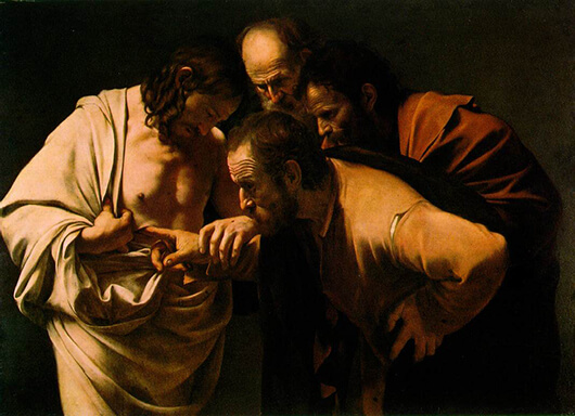 The Incredulity of Saint Thomas, oil on canvas, Michelangelo Merisi da Caravaggio, circa 1600