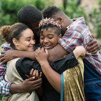 King Cymbeline (Cameron Pierce) reunites with his daughter Imogen (Precious Parker) and long lost sons Arviragus (Josh Crudup) and Guiderius (Andrew McDonald).