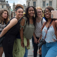 Selfie shtick: Robinson Shakespeare Company members, from left, Lizzie Graff, Precious Parker, Kennedi Bridges, Ophelia Emmons and Zion Williams strike a pose in London.