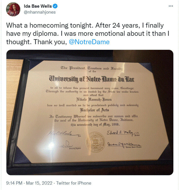 Nikole Hannah Jones Diploma Tweet