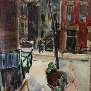 A painting by Bernard Cullen of a street corner with apartment buildings and a woman sitting in a chair on the sidewalk.