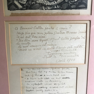 A framed letter from the artist Georges Rouault to Bernard Cullen after their meeting in France during World War II.
