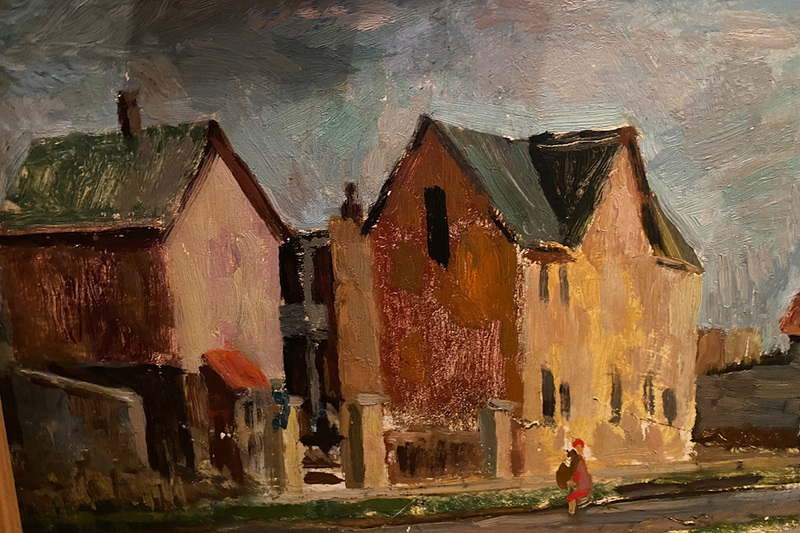 A painting of homes in muted twilight with a figure in the foreground in wartime Germany.