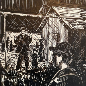 A painting by Bernard Cullen in dark black-and-white tones from a displaced person's camp in German that shows two men looking at each other trhough a chainlink fence.