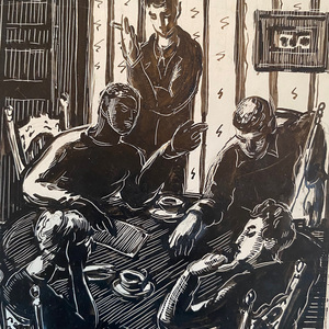 A painting in black-and-white tones of a group of people in a displaced person's camp in Germany having a conversation around a table.