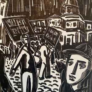 A painting by Bernard Cullen in dark black-and-white tones of a group of people on a cobblestone street during World War II.