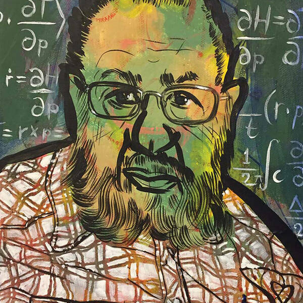 A painting by Birdie Thaler of her bearded father, Roy, in front of a blackboard with physics equations.