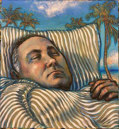 A painting by Birdie Thaler of a dying man on a bed with blue skies and palm trees in the background.