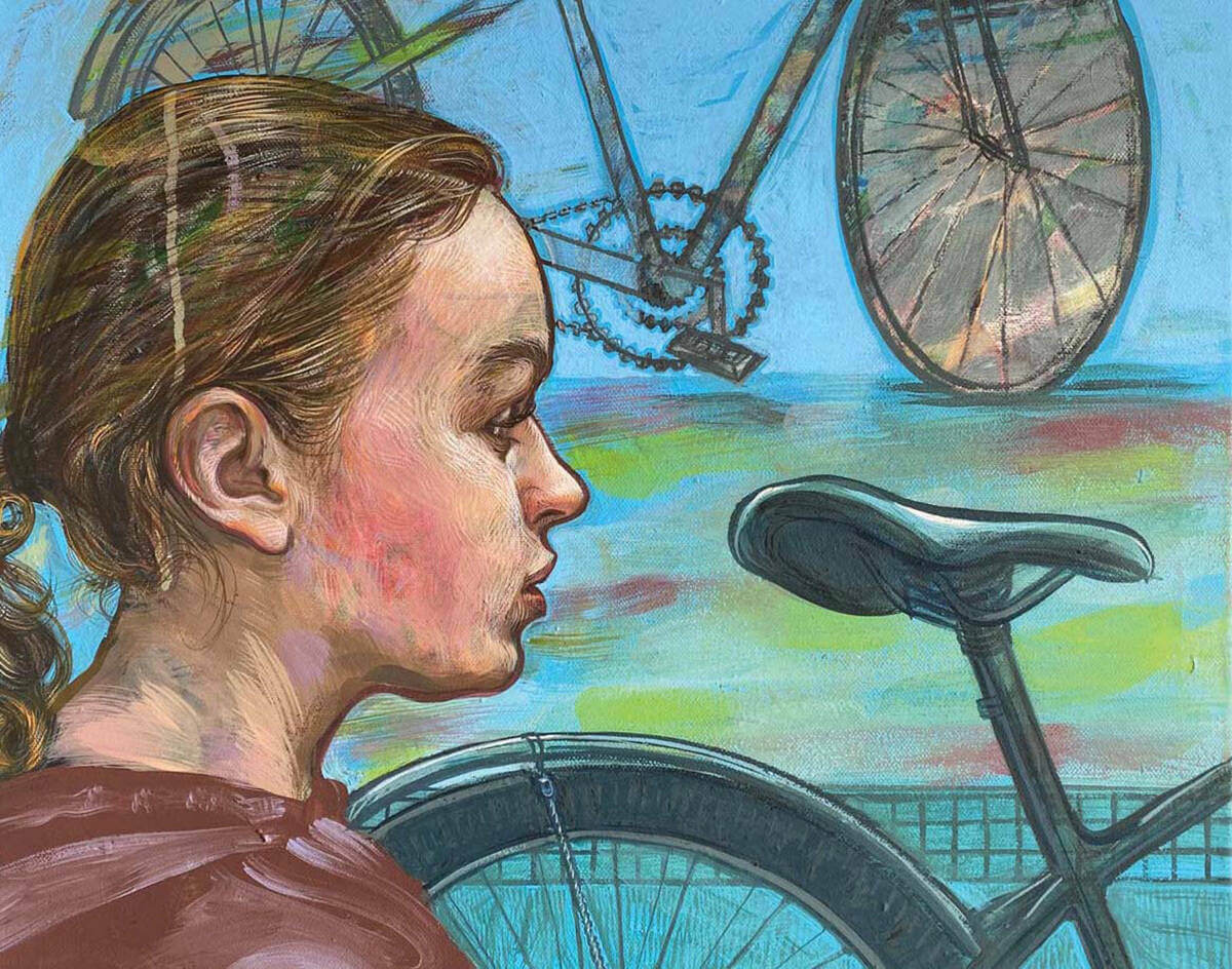 A painting by Birdie Thaler of a woman standing near two bicycles.