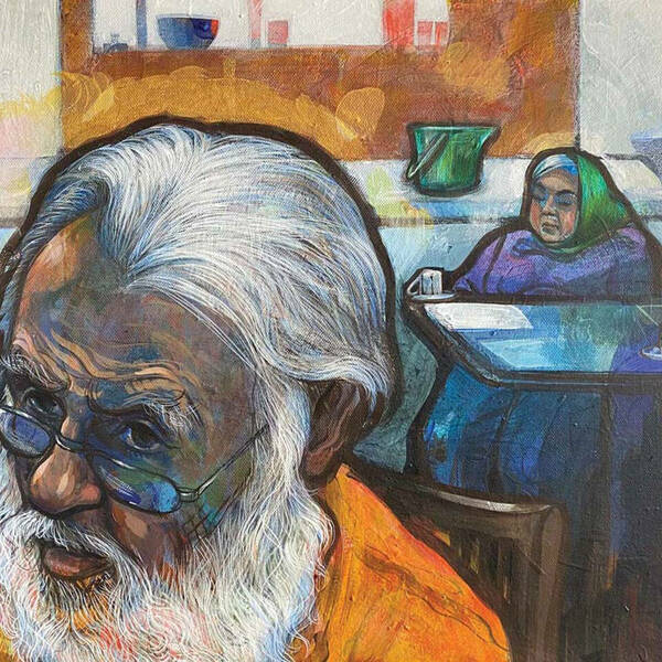A painting by Birdie Thaler of her white-bearded father, Roy, seated facing away from a woman at a nearby table with a green scarf over her head.