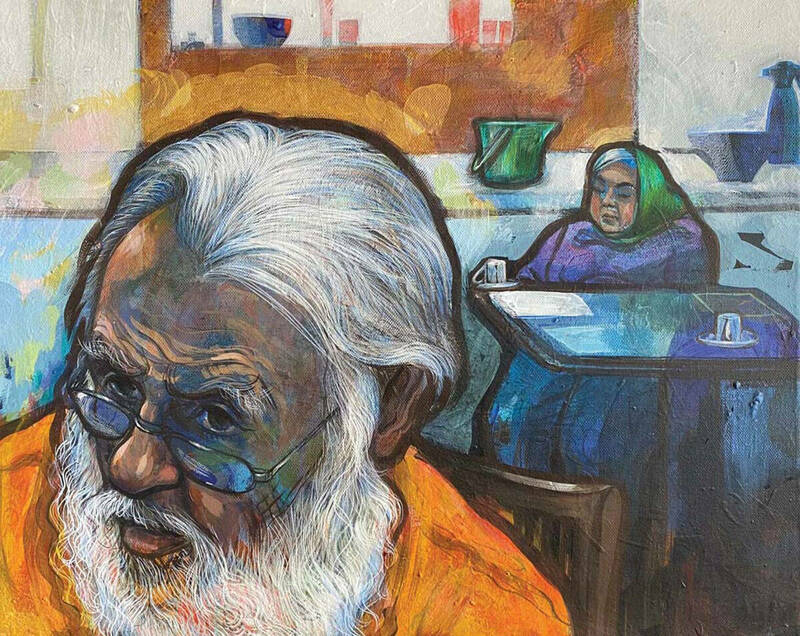 A painting by Birdie Thaler of her white-bearded father, Roy, seated facing away from a woman at a nearby table with a green scarf over her head.