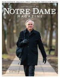 Cover of the Spring 2024 issue of Notre Dame Magazine featuring a photo of retiring University President Rev. John I. Jenkins, CSC, walking on campus.