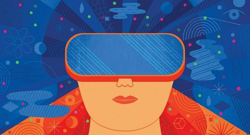 An illustration by James O'Brien of a woman wearing a virtual reality headset, surrounding by a vareity of blue and orange shapes.