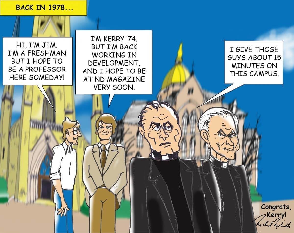 A comic by Michael Molinelli depicting Kerry Temple's return to campus a few years after graduating