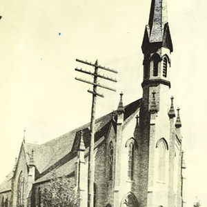 Exterior view of the Gothic Revival St. Joseph's Church in South Bend, built in the 1880s and demolished in 1963.