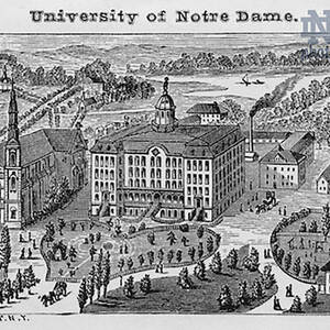 An 1866 campus illustration showing the Second Main Building at the University of Notre Dame.