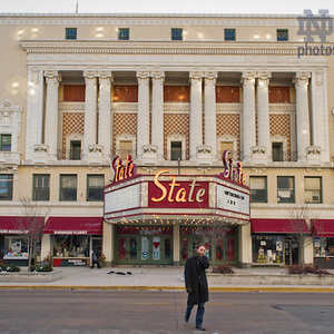 The front facade and marquee of the State Theater in downtown South Bend.
