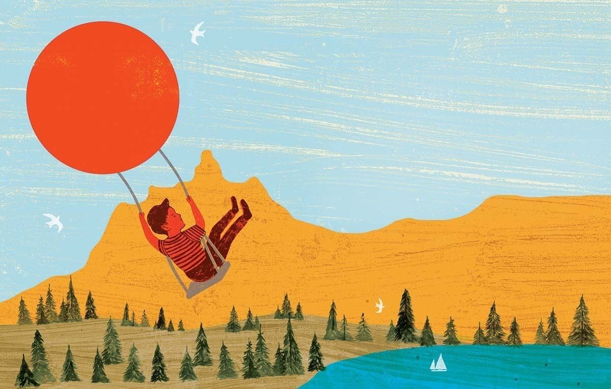 An illustration of a boy on a swinging hanging from an orange sun over a mountain range