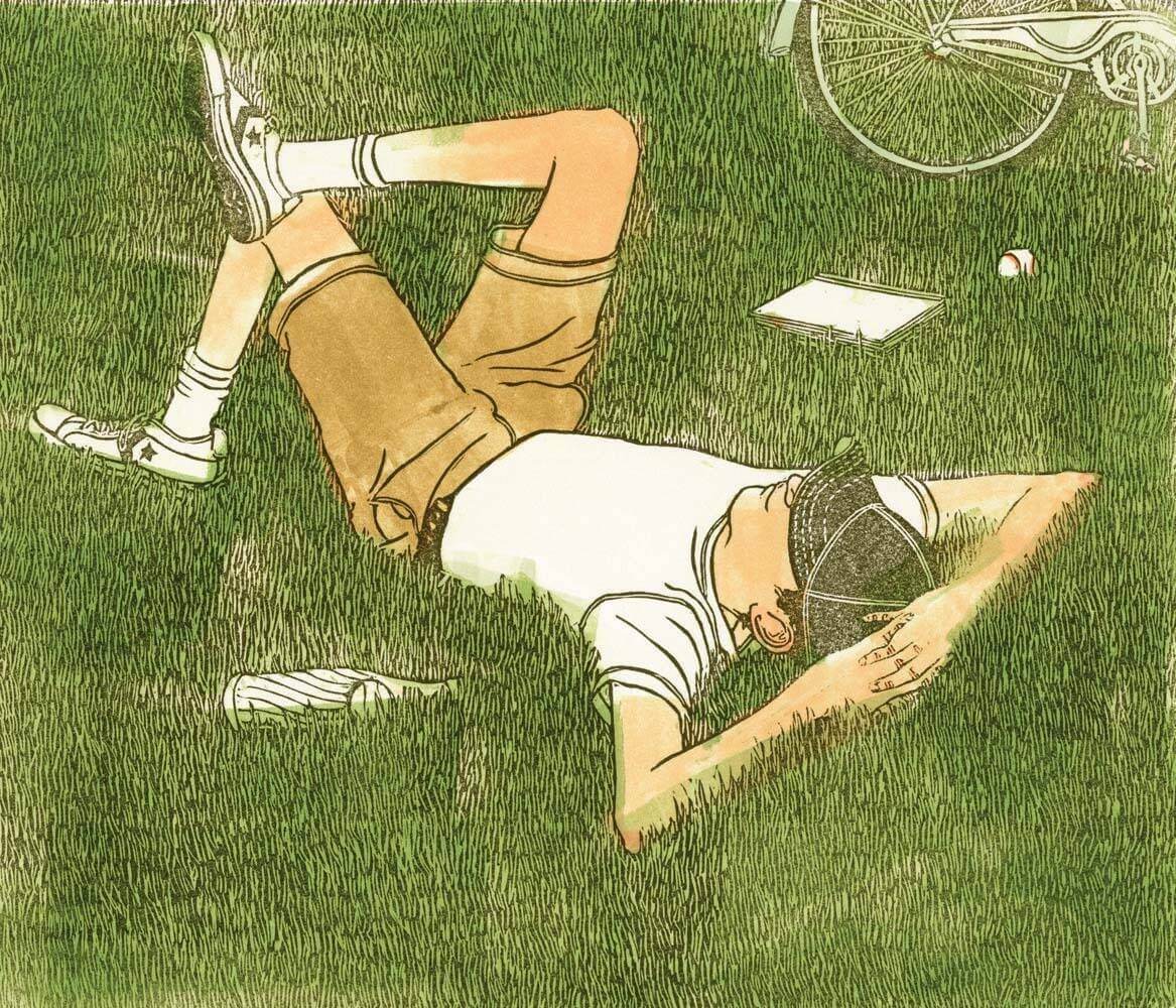 An illustration of a boy in a t-shirt and shorts lying on the grass on a summer day