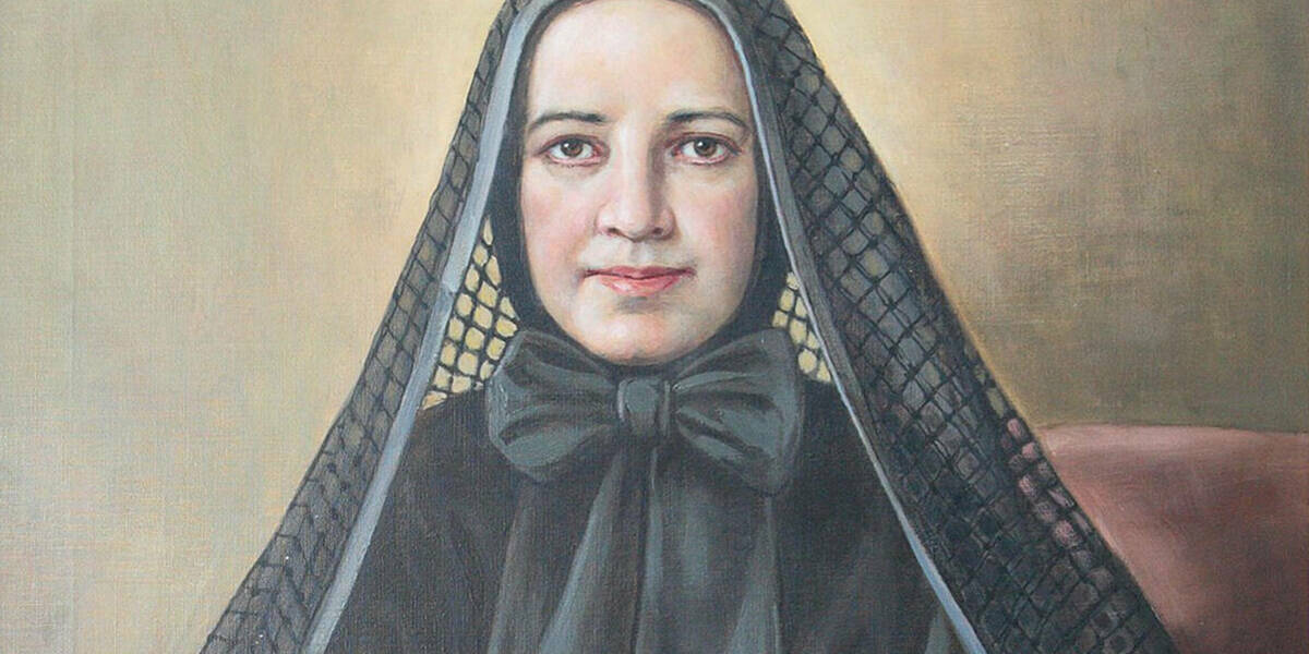 An image of a painting that depicts Mother Cabrini, the patron saint of immigrants, in her habit.